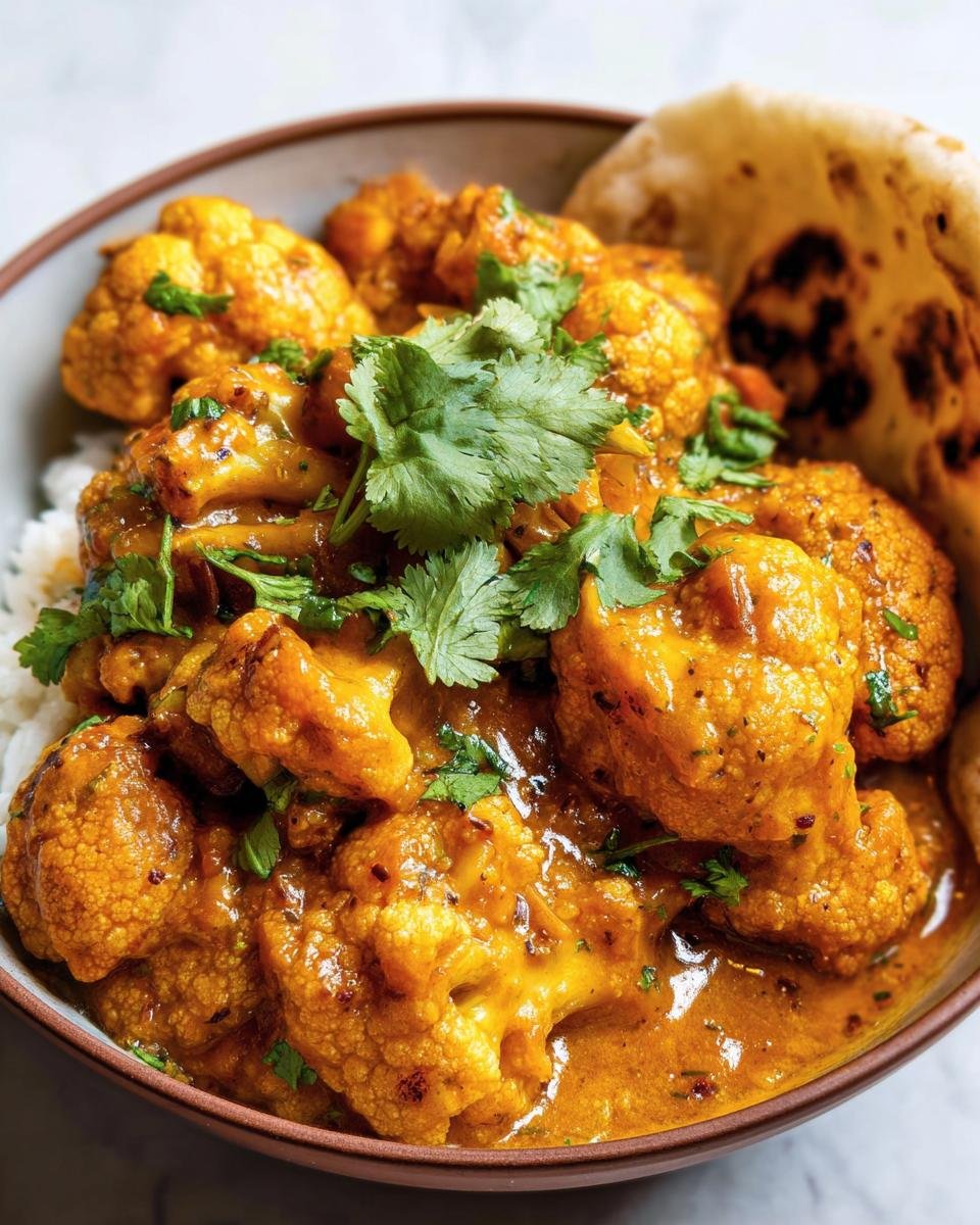 A bowl of Butter Cauliflower served over rice, garnished with cilantro, and accompanied by naan bread.