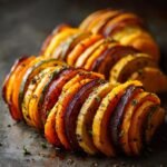 Close-up of a Butternut Squash, Apple, and Fennel Tian, showcasing the layered vegetables and herbs.