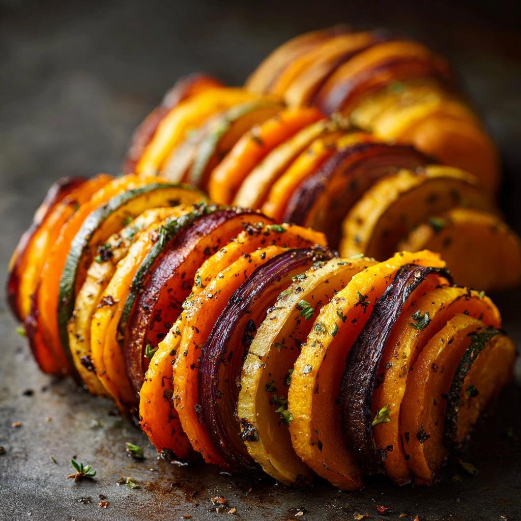 Close-up of a Butternut Squash, Apple, and Fennel Tian, showcasing the layered vegetables and herbs.