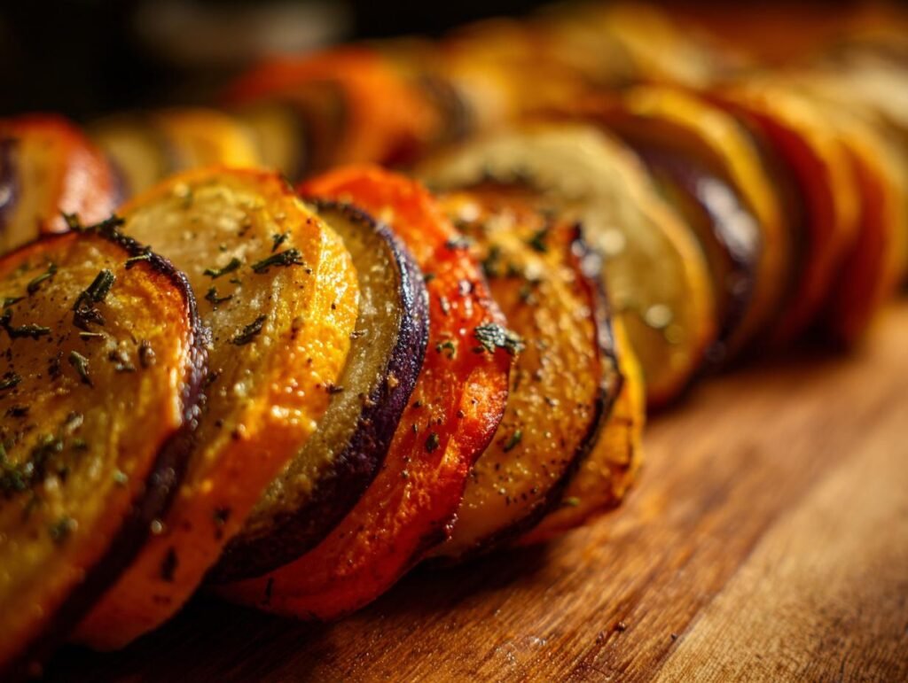 Close-up of a Butternut Squash, Apple, and Fennel Tian, showing the layered arrangement of ingredients.