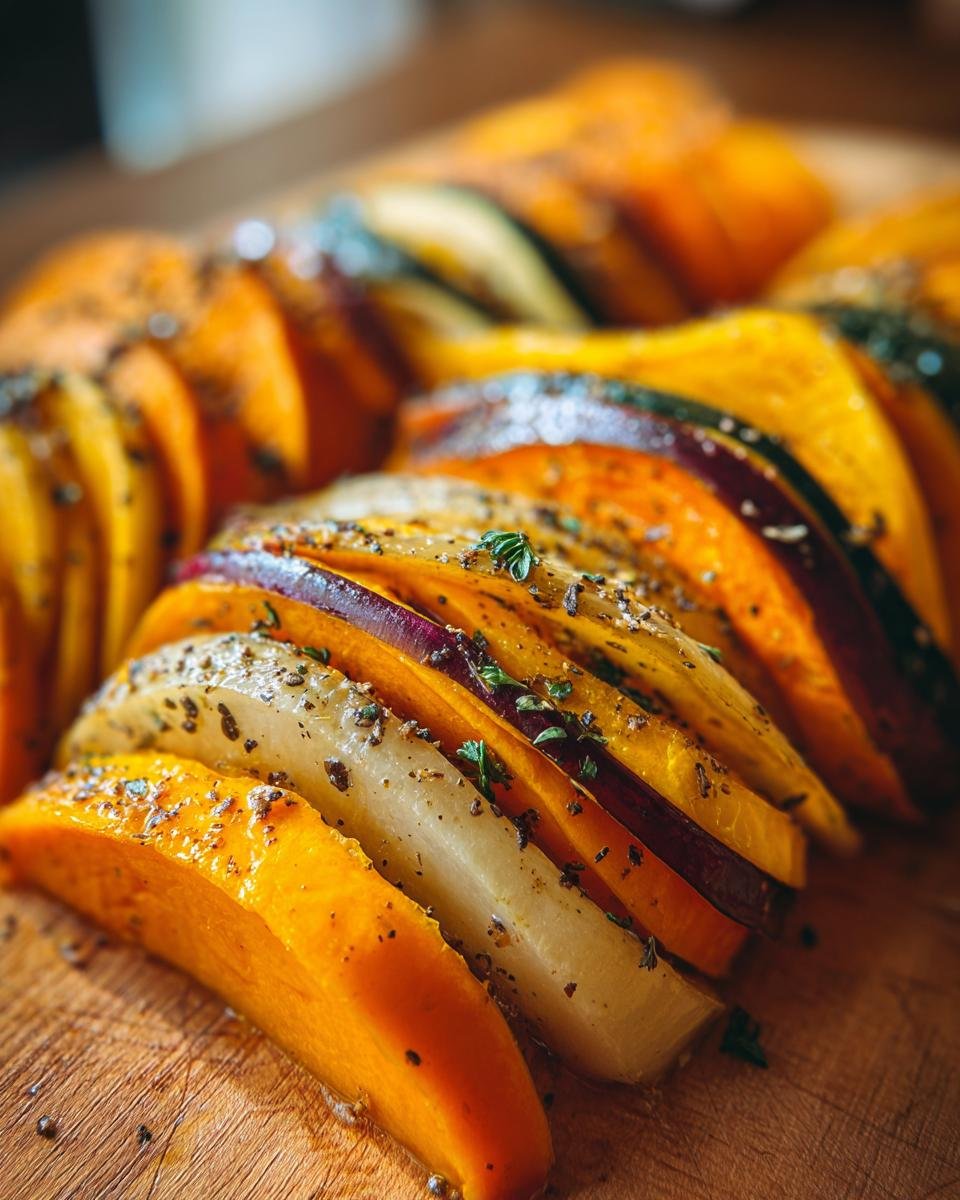 Close-up of a Butternut Squash, Apple, and Fennel Tian, showing layered slices seasoned with herbs.