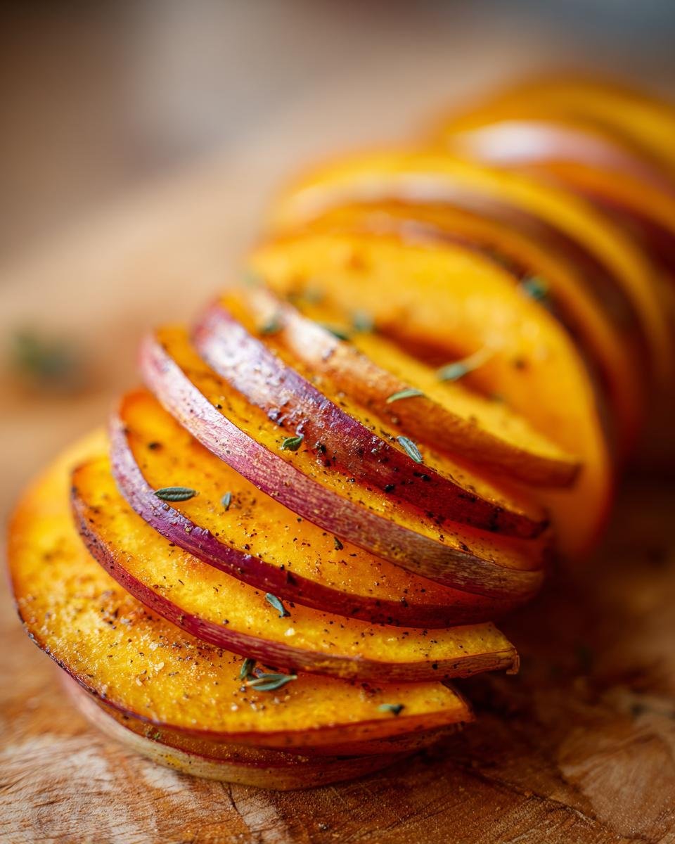 Close-up of sliced Butternut Squash, Apple, and Fennel Tian seasoned with herbs on a wooden board.