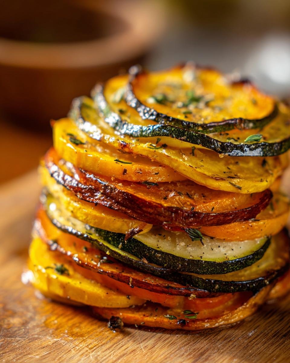 A colorful stack of Butternut Squash, Apple, and Fennel Tian on a wooden board, showcasing the layered vegetables.