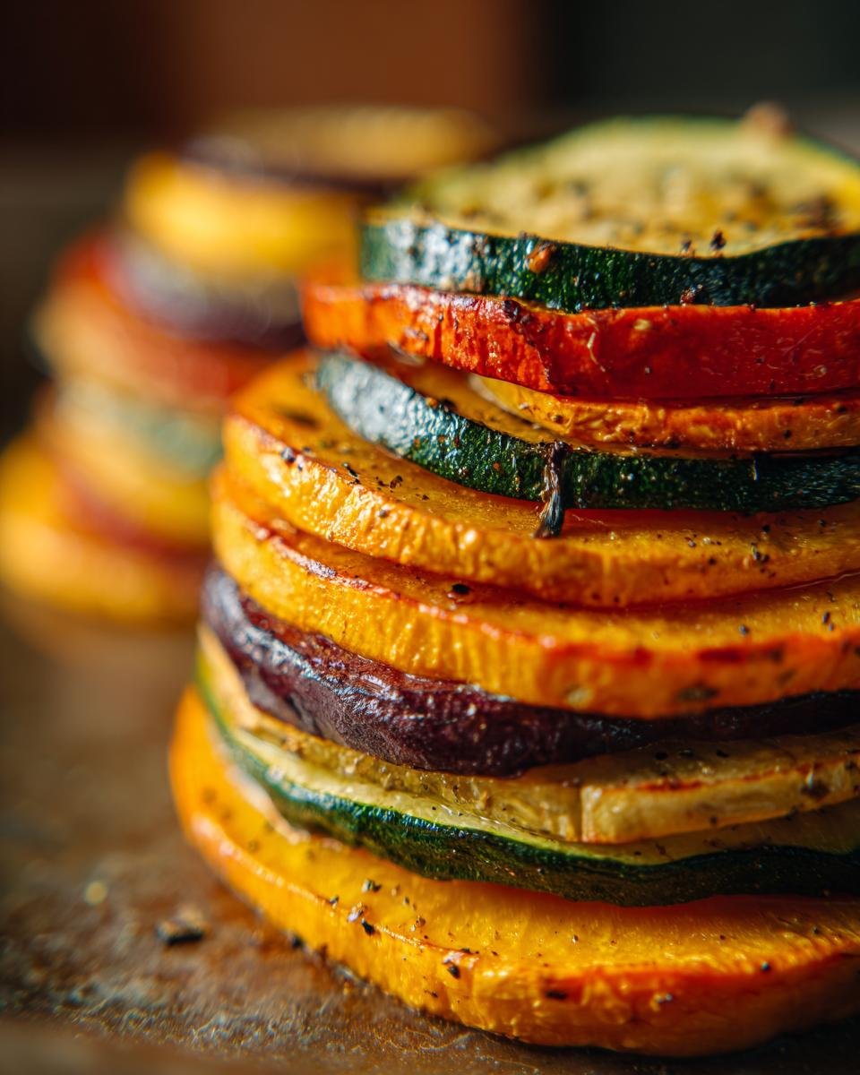 Close-up of a Butternut Squash, Apple, and Fennel Tian featuring stacked roasted vegetables.
