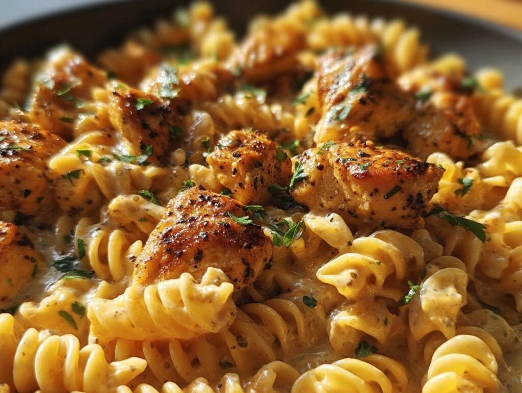 A close-up of Cajun Garlic Chicken Rotini Skillet, featuring rotini pasta and chicken in a creamy sauce.