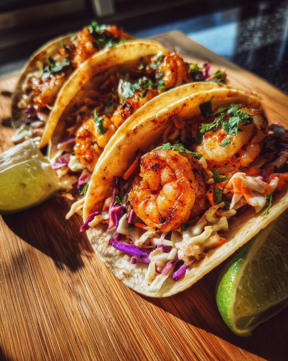 Three Cajun Shrimp Tacos With Slaw on a wooden board, garnished with cilantro and lime wedges.
