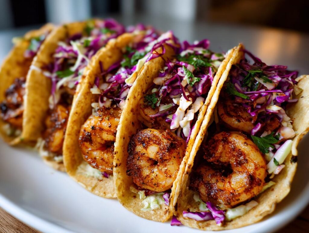Close-up of Cajun Shrimp Tacos With Slaw, featuring seasoned shrimp, colorful slaw, and soft tortillas.