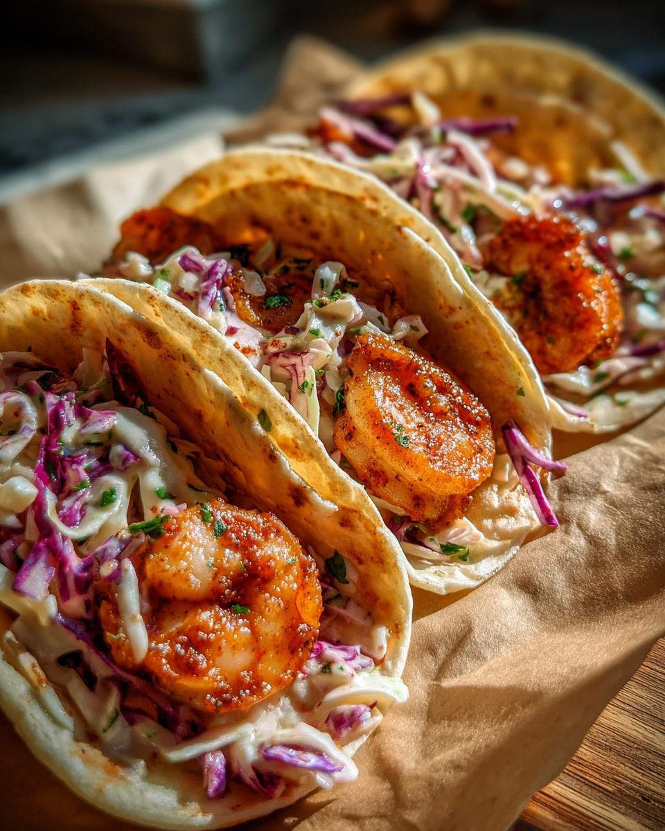 Three Cajun Shrimp Tacos With Slaw, featuring seasoned shrimp and colorful slaw in tortillas.