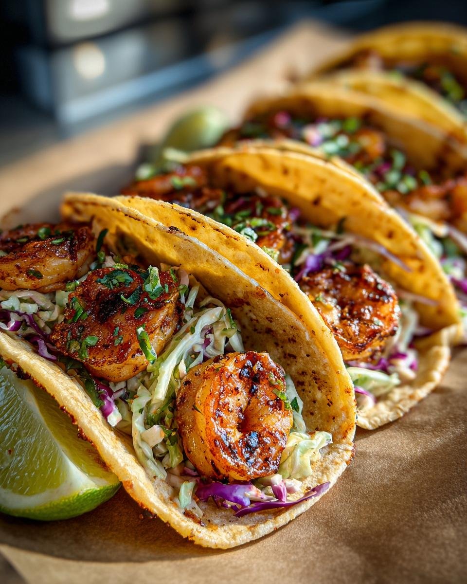 Close-up of Cajun Shrimp Tacos With Slaw, featuring grilled shrimp, colorful slaw, and a lime wedge.