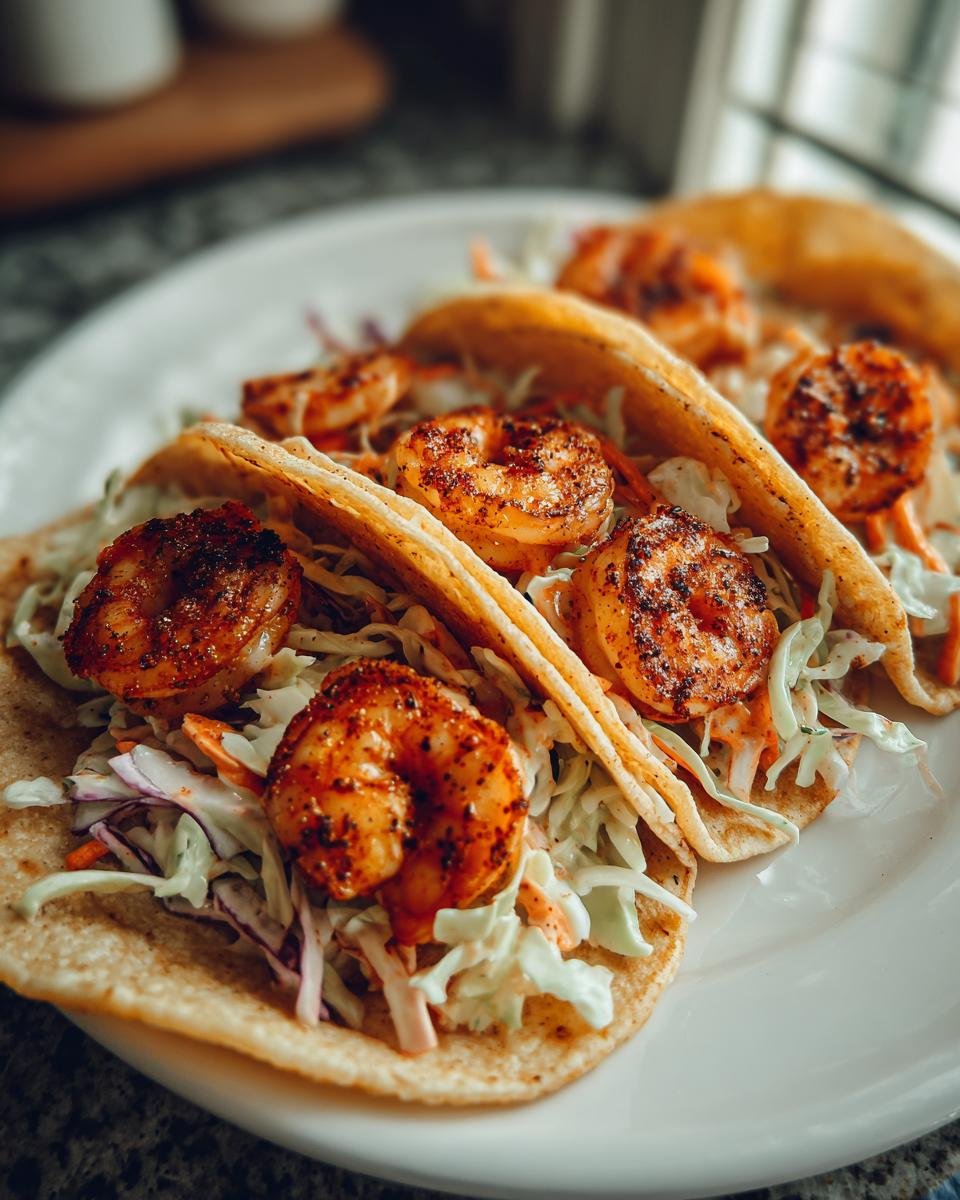 Three Cajun Shrimp Tacos With Slaw on a white plate, featuring seasoned shrimp and colorful slaw.