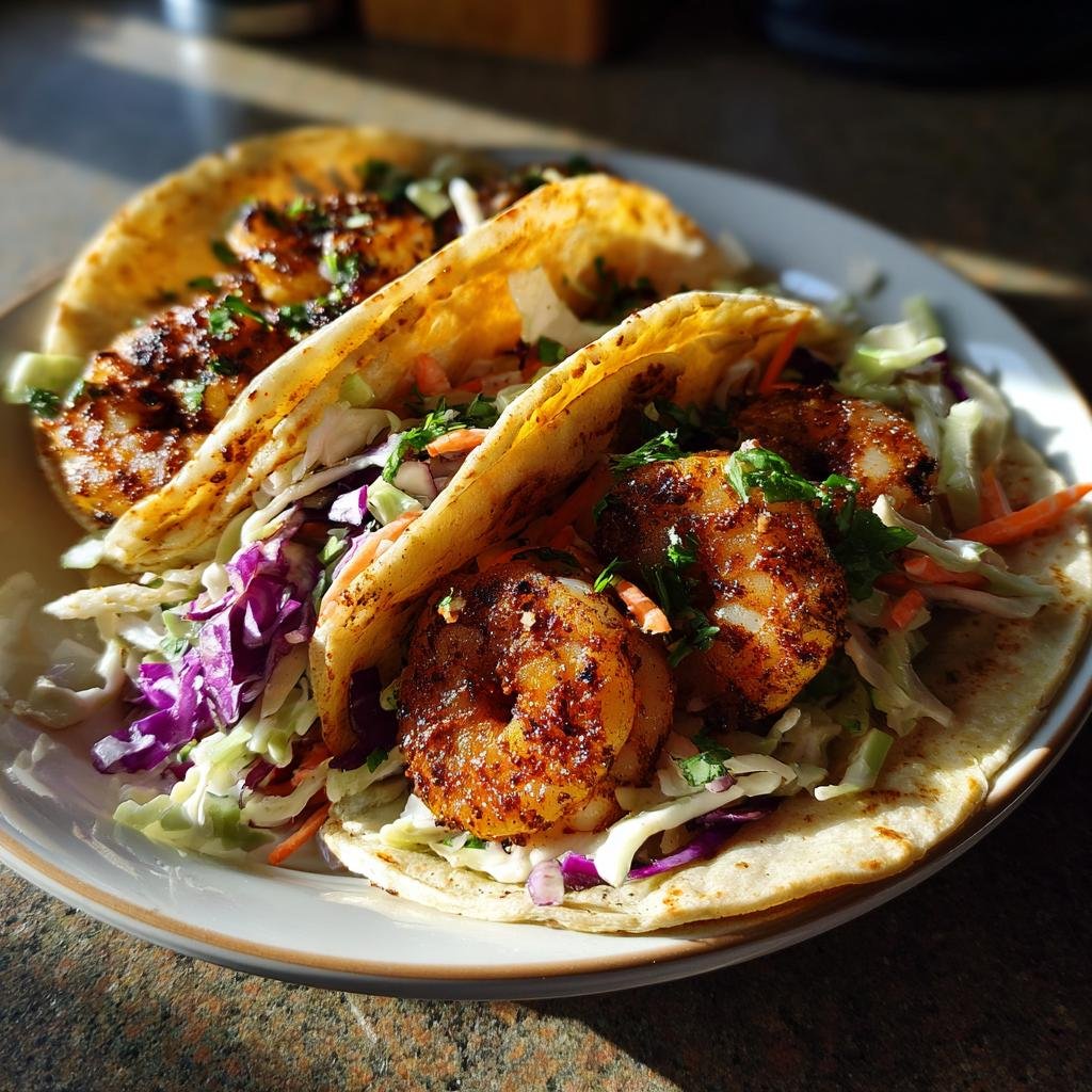 Two Cajun Shrimp Tacos With Slaw on a plate, featuring seasoned shrimp, colorful slaw, and soft tortillas.