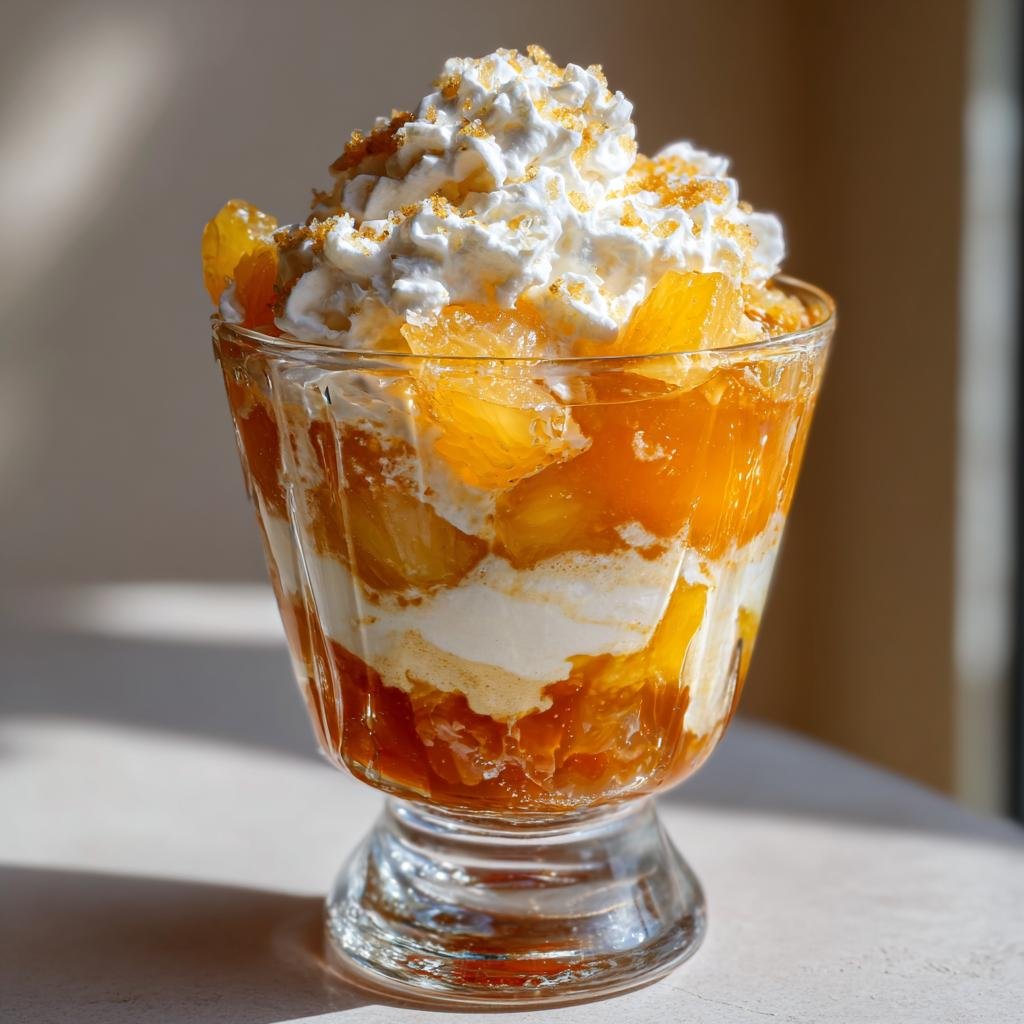 Close-up of a Candy Corn Fruit Parfait in a glass, featuring layers of orange fruit, cream, and a whipped cream topping.
