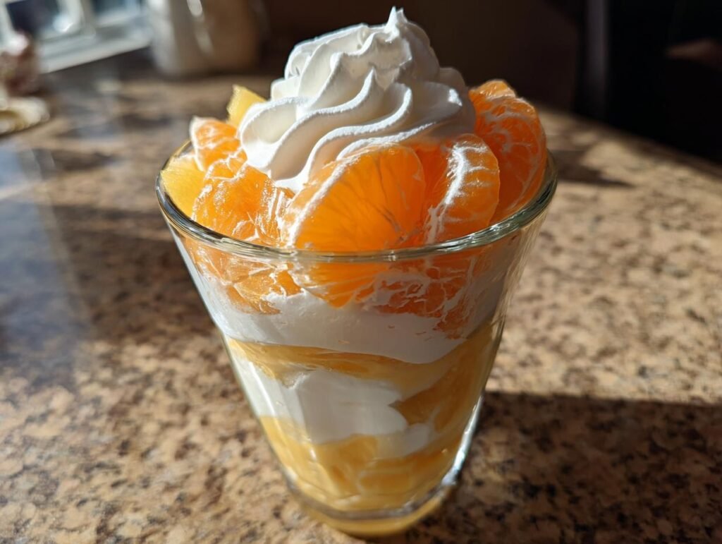A vibrant Candy Corn Fruit Parfait featuring layers of oranges and cream, topped with whipped cream in a clear glass.