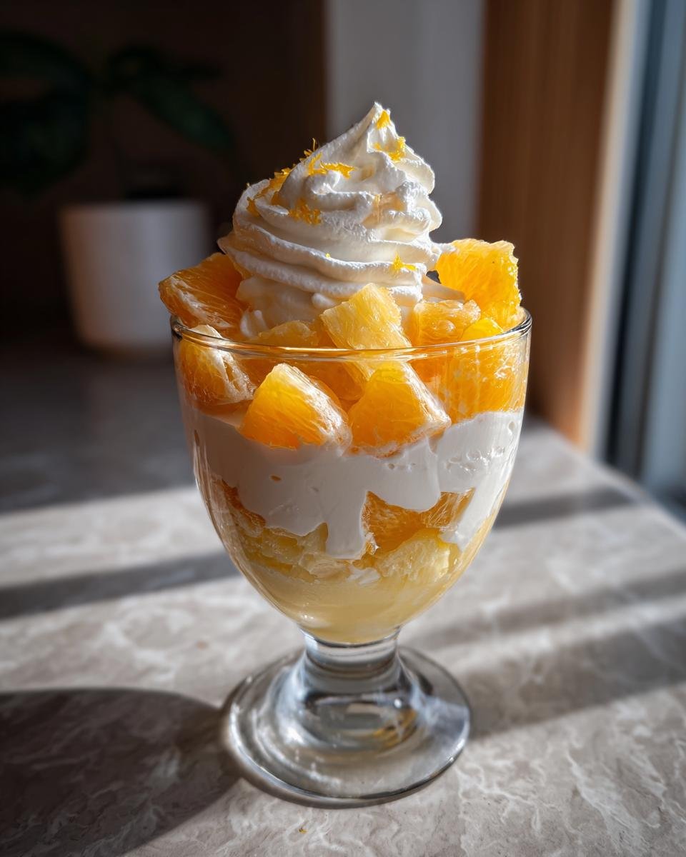 A glass filled with Candy Corn Fruit Parfait, featuring layers of fruit, cream, and whipped topping.