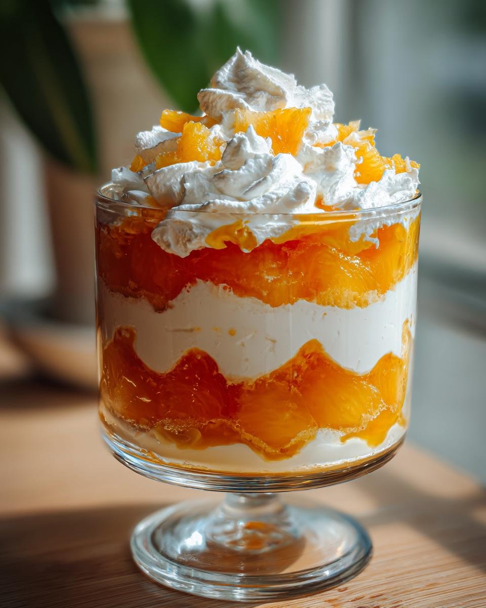 Delicious Candy Corn Fruit Parfaits layered in a glass with whipped cream and orange segments.