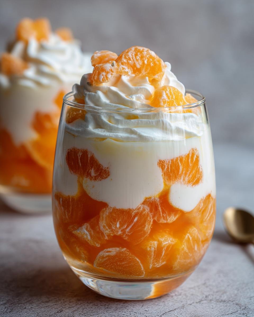 Two glasses of Candy Corn Fruit Parfaits with layers of mandarin oranges and whipped cream.