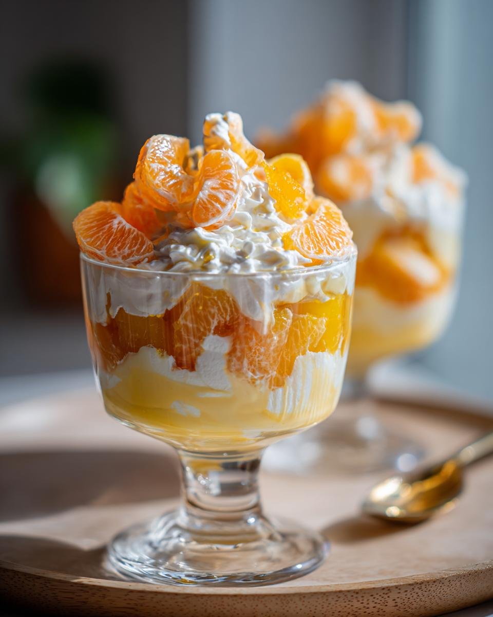 Close-up of a Candy Corn Fruit Parfait with layers of pudding, whipped cream, and mandarin oranges in a glass.