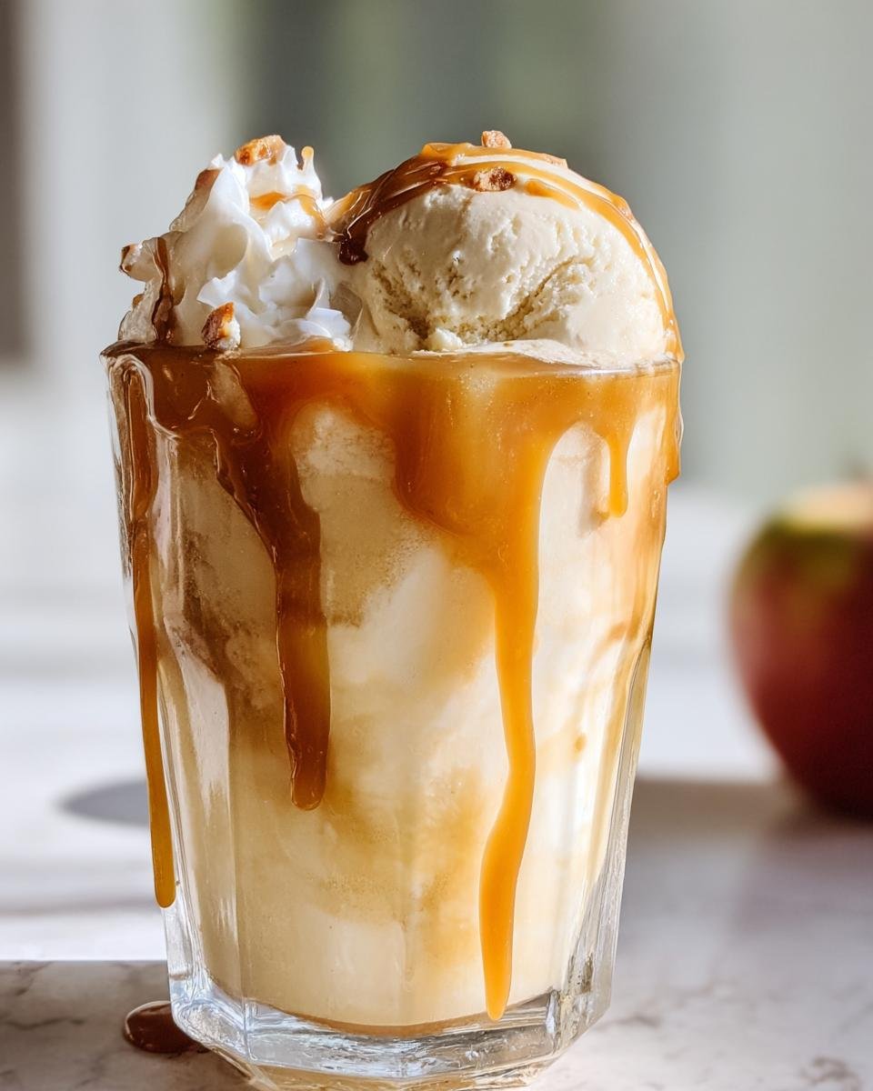 A delicious Caramel Apple Cider Float in a glass, topped with ice cream, whipped cream, and caramel drizzle.