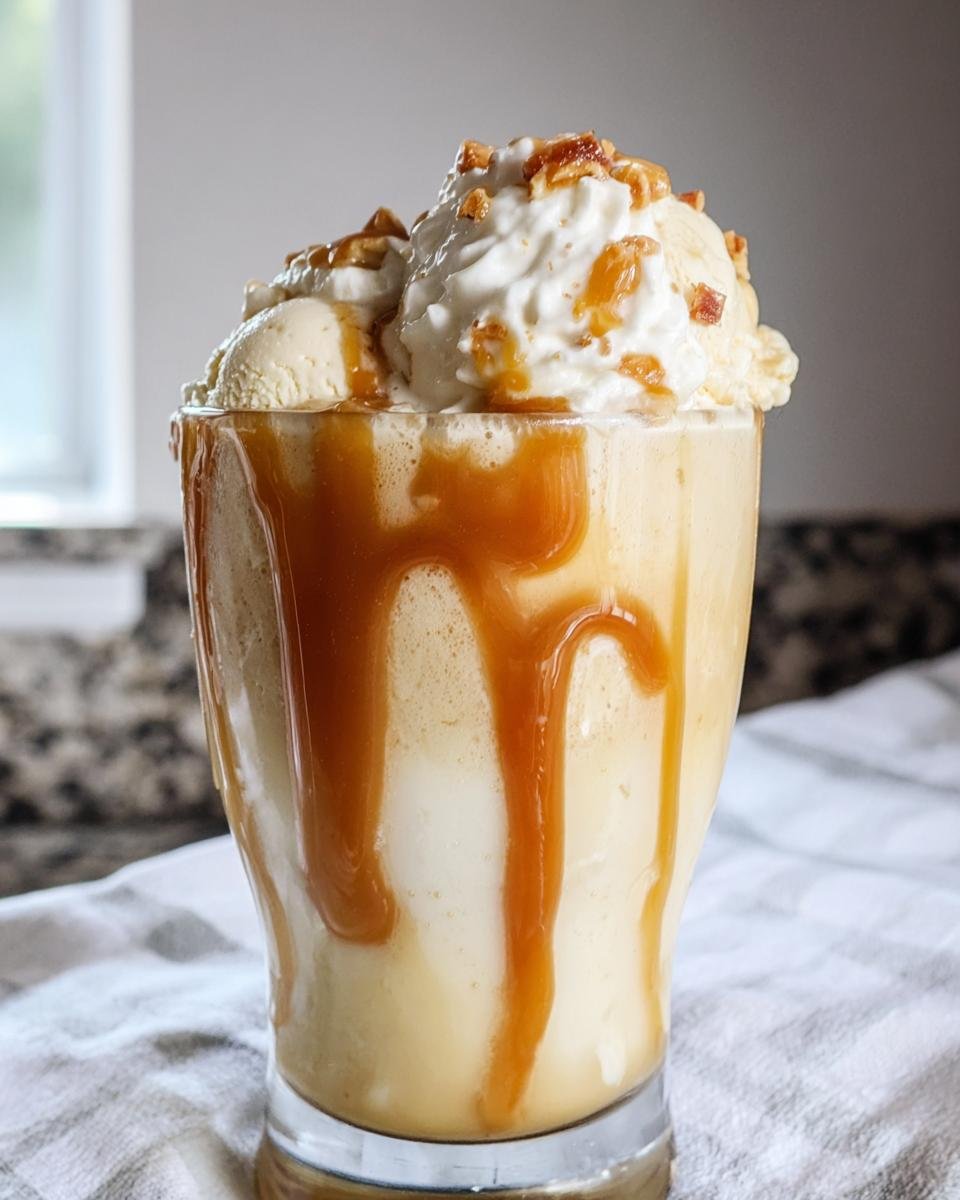 A tall glass filled with Caramel Apple Cider Float, topped with ice cream, whipped cream, and caramel drizzle.