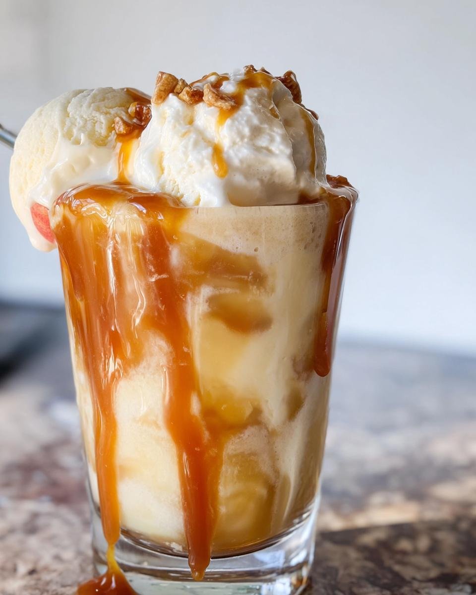 A tall glass filled with Caramel Apple Cider Float, topped with ice cream, caramel drizzle, and crunchy bits.