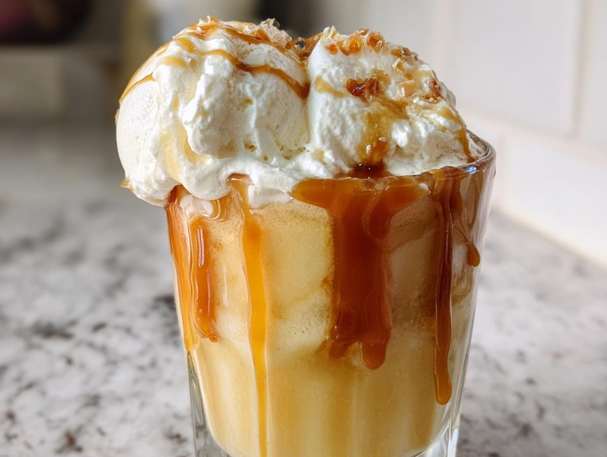 A decadent Caramel Apple Cider Float topped with ice cream, whipped cream, and caramel drizzle.