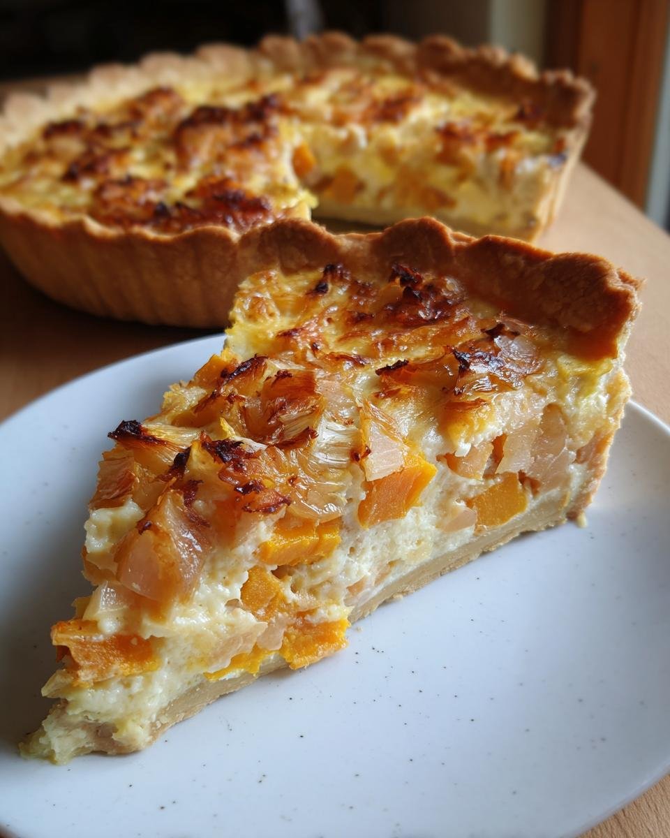A slice of Caramelized Onion Butternut Tart on a plate, showing the layers of crust, butternut squash, and caramelized onions.