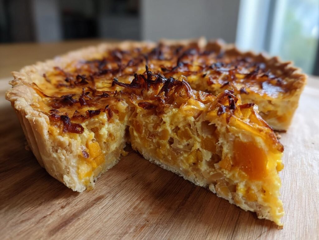A slice of Caramelized Onion Butternut Tart on a wooden board, showcasing the layers of butternut squash and onions.