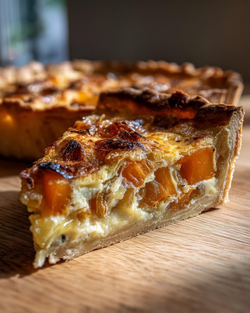 A slice of Caramelized Onion Butternut Tart on a wooden surface, showcasing the filling and crust.
