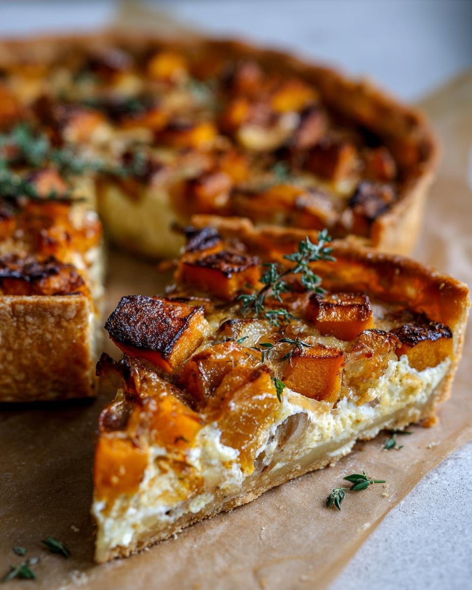 A slice of Caramelized Onion Butternut Tart with flaky crust, butternut squash, and caramelized onions.