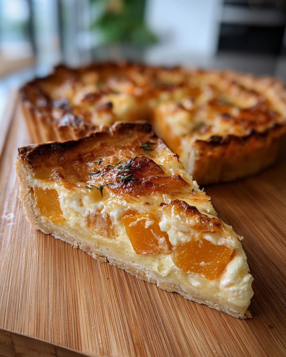 A slice of Caramelized Onion Butternut Tart on a wooden board, showcasing the butternut squash and creamy filling.