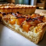 A slice of Caramelized Onion Butternut Tart with a flaky crust, creamy filling, and roasted butternut squash.
