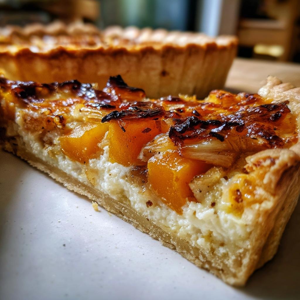 A slice of Caramelized Onion Butternut Tart with a flaky crust, creamy filling, and roasted butternut squash.