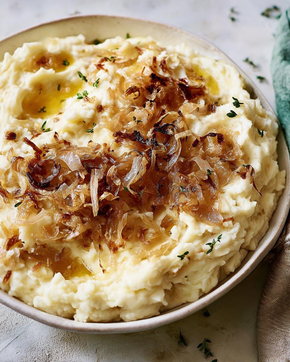 Bowl of creamy mashed potatoes topped with caramelized onions and fresh thyme.