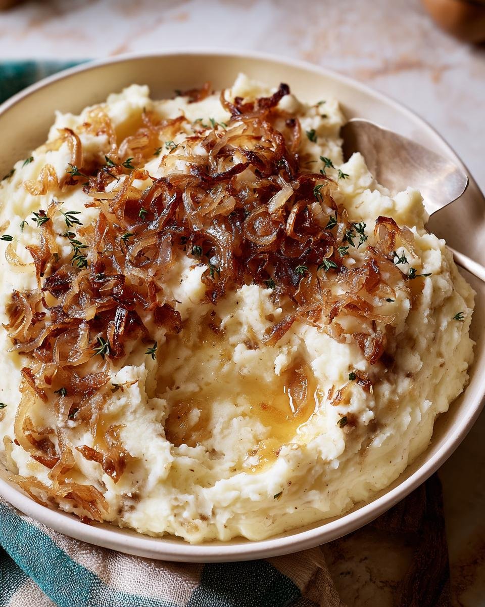 A bowl of creamy mashed potatoes topped with caramelized onions and fresh thyme.