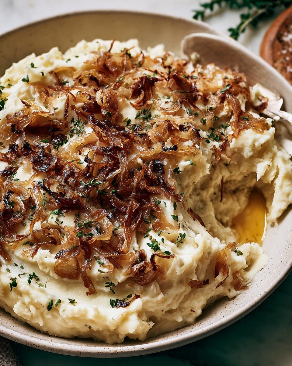 Bowl of creamy mashed potatoes topped with caramelized onions and fresh herbs. Caramelized Onion Mashed Potatoes.