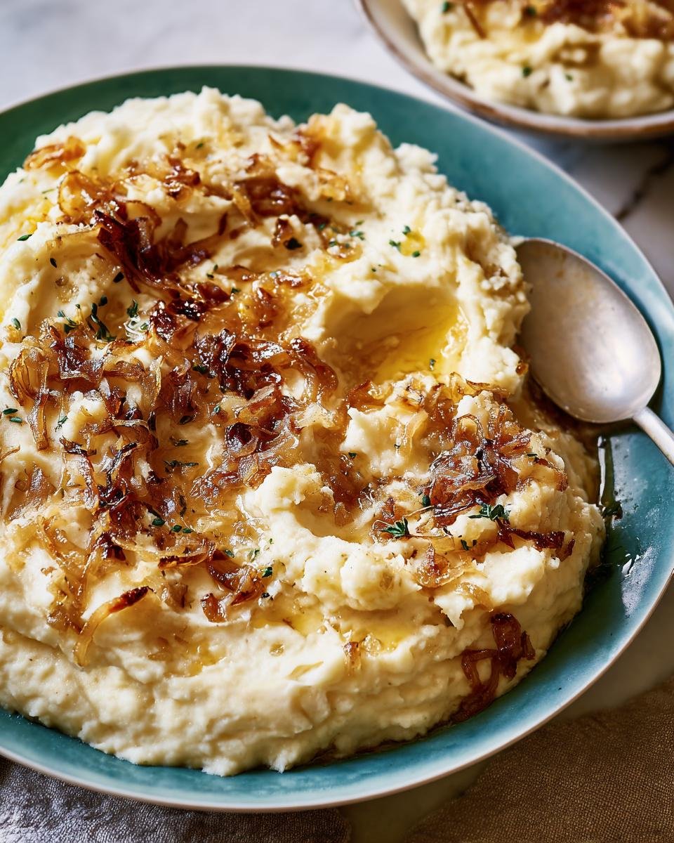 A serving of Caramelized Onion Mashed Potatoes in a blue bowl, topped with golden caramelized onions.
