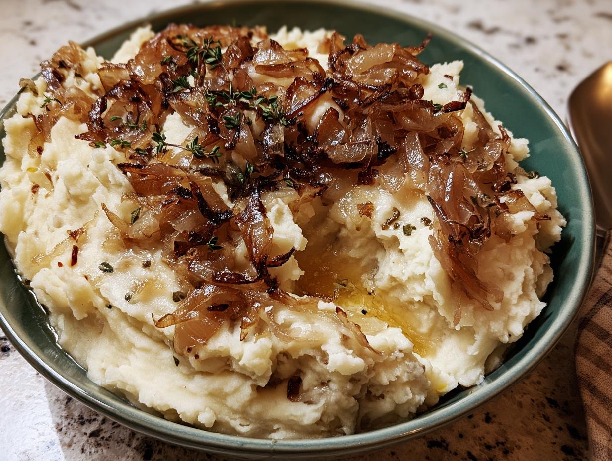 A bowl of creamy mashed potatoes topped with caramelized onions and fresh herbs. Caramelized Onion Mashed Potatoes.