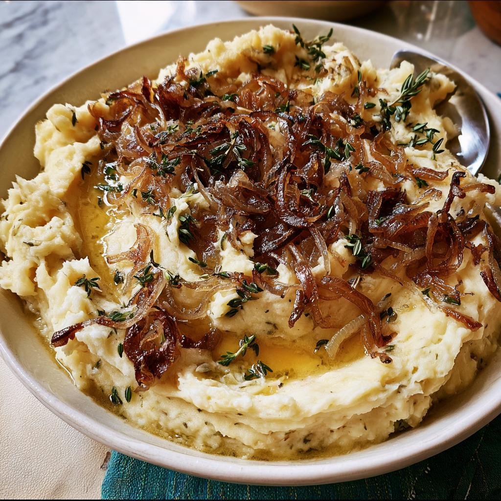 A bowl of creamy mashed potatoes topped with caramelized onions and fresh thyme.