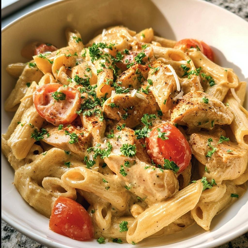 A bowl of creamy Cashew Cream Cajun Chicken Pasta with penne, chicken, tomatoes, and parsley.