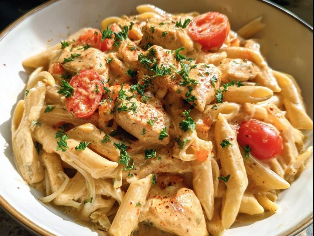 A bowl of creamy Cashew Cream Cajun Chicken Pasta with penne, chicken, tomatoes, and parsley.