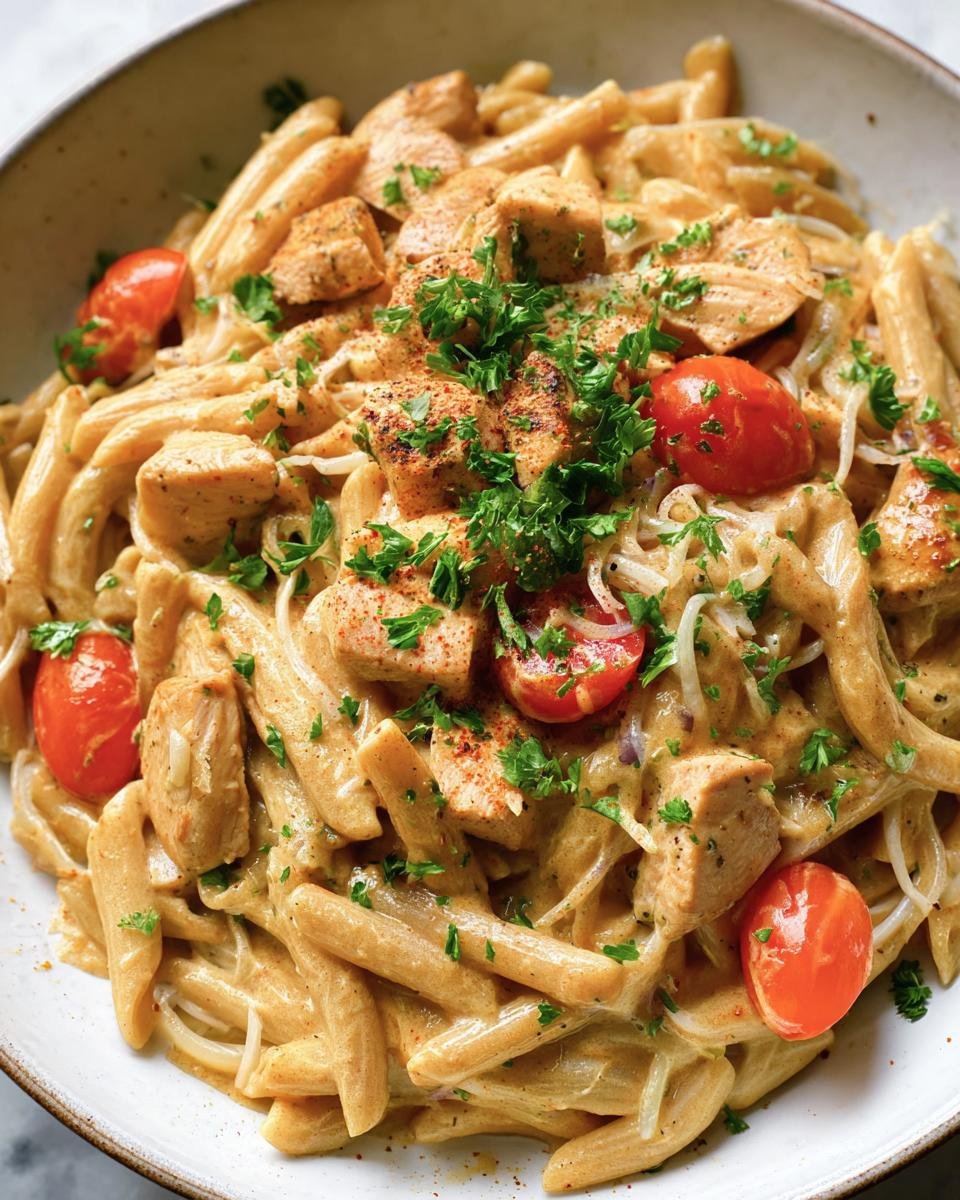 A bowl of Cashew Cream Cajun Chicken Pasta, garnished with parsley and tomatoes.