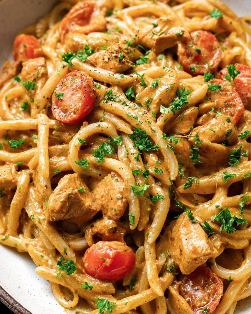 A close-up of Cashew Cream Cajun Chicken Pasta with tomatoes and parsley.