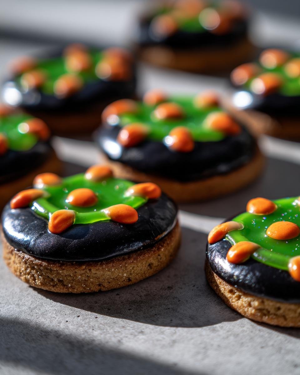 Several Cauldron Cookies with black frosting, green icing, and orange sprinkles, arranged on a gray surface.