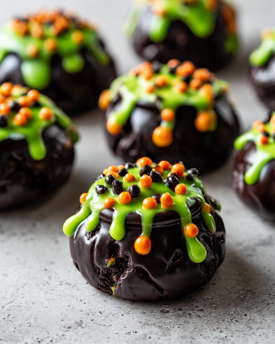 Close-up of Cauldron Cookies decorated with green icing and orange and black sprinkles, Halloween treat.