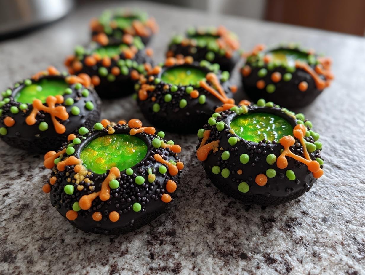Several homemade Cauldron Cookies with black frosting, green filling, and orange and green sprinkles.