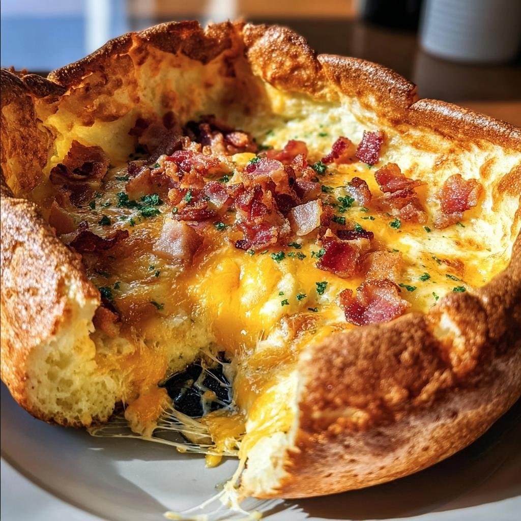 A close-up of a golden Cheddar Bacon Dutch Baby, oozing with cheese and topped with crispy bacon.
