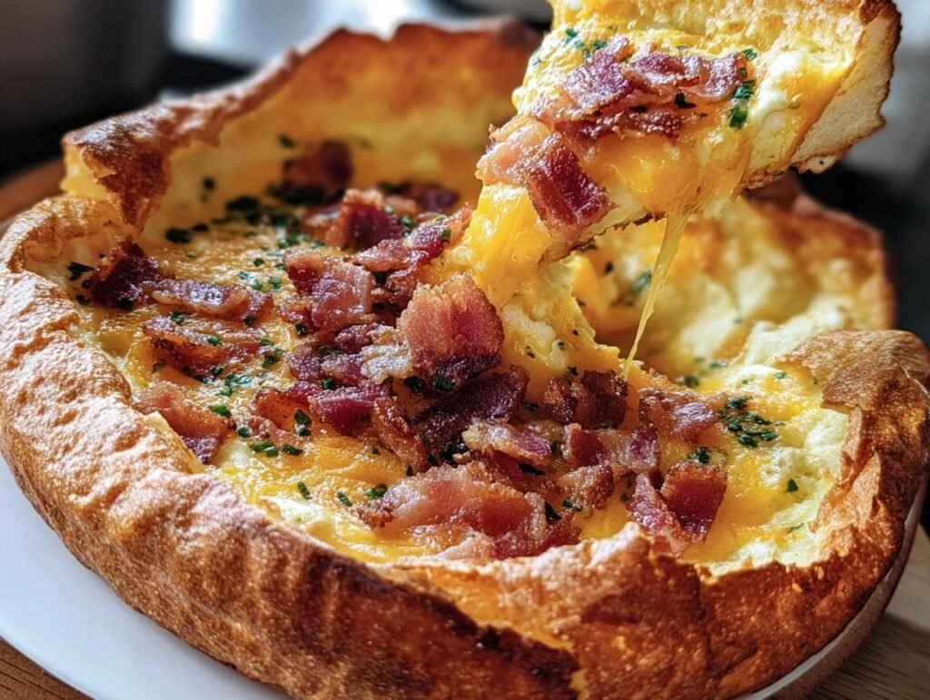 A delicious Cheddar Bacon Dutch Baby with melted cheese and crispy bacon being lifted with a slice.