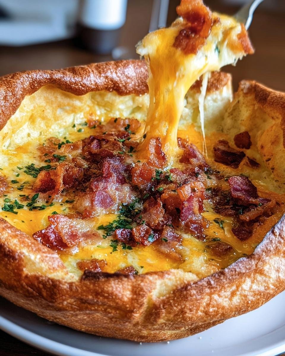 Close-up of a Cheddar Bacon Dutch Baby with a cheesy pull, topped with crispy bacon and fresh herbs.