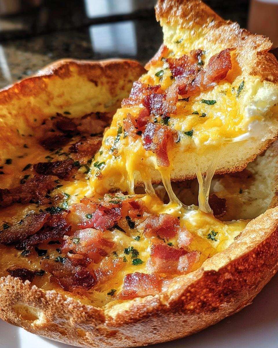 A slice of Cheddar Bacon Dutch Baby is lifted, showing a cheesy pull. Topped with crispy bacon and herbs.