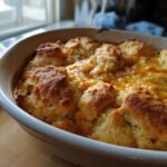 Close-up of a freshly baked Cheddar Bay Chicken Cobbler in a white casserole dish.